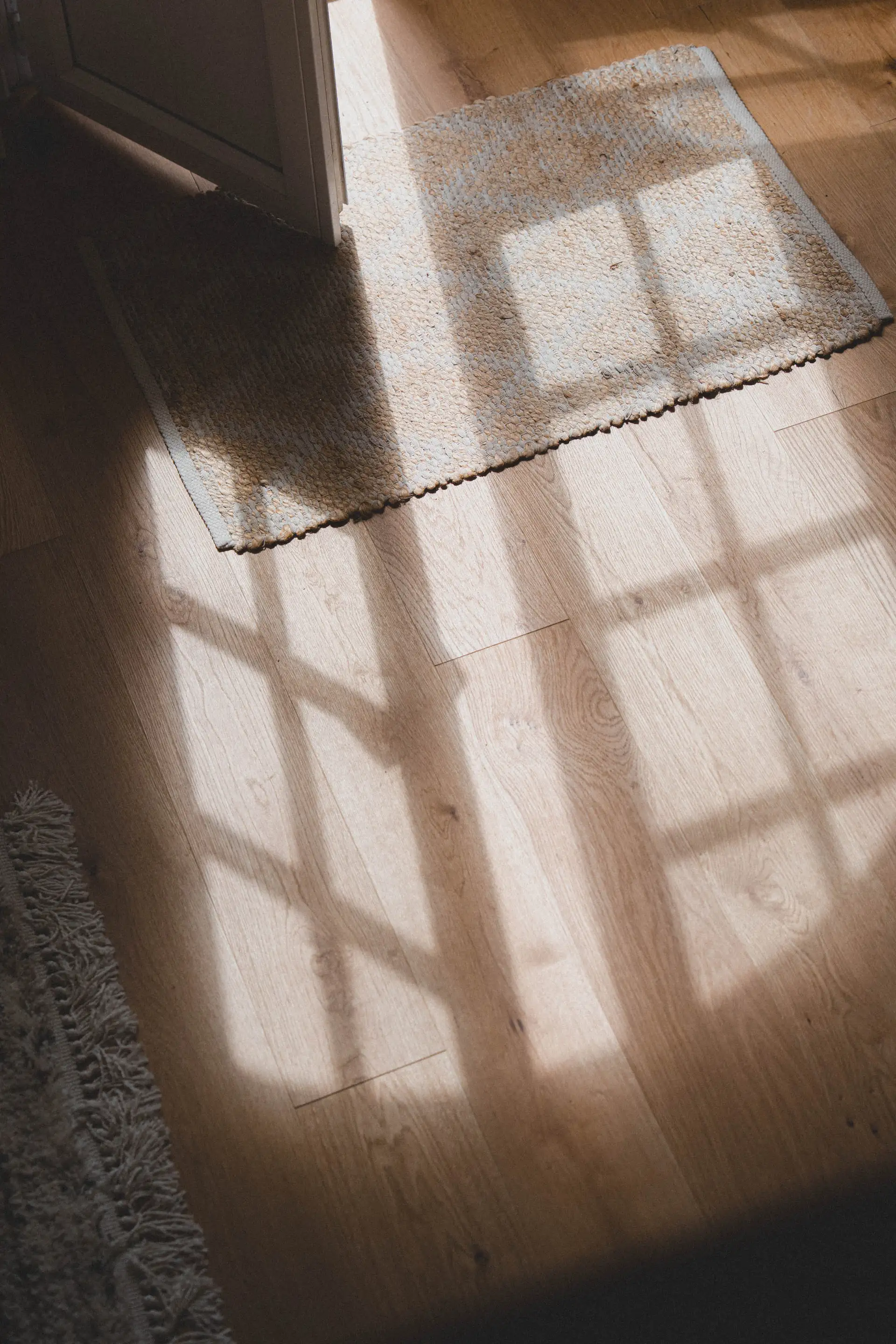 Ombre d’une fenêtre à petits carreaux projetée par le soleil sur le parquet